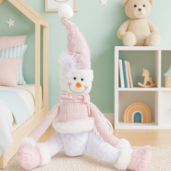Pink and White Plush Snowman Toy - Picture 1 of 3
